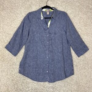 CHICOS Linen Button Down Shirt Womens 6 Blue No Iron Preppy Travel Career Spring